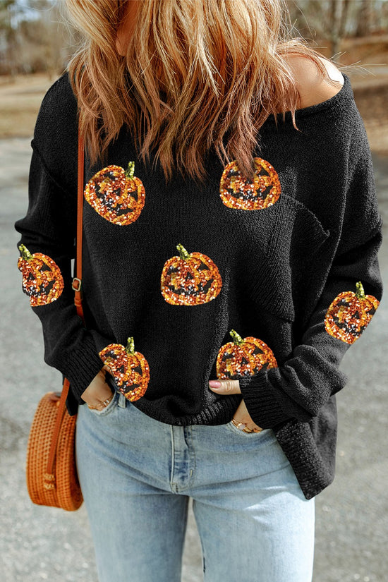 Sequined Pumpkin Halloween Sweater | Festive and Cozy Fall Style