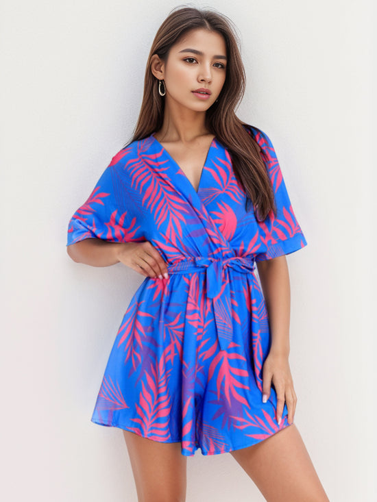 Palm Leaf Print Wrap Romper