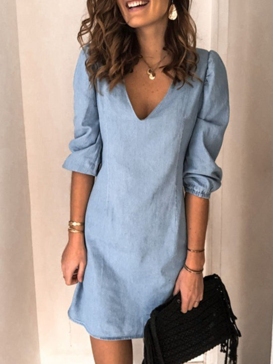 V-Neck Puff Sleeve Mini Dress – Casual Chic for Everyday Wear