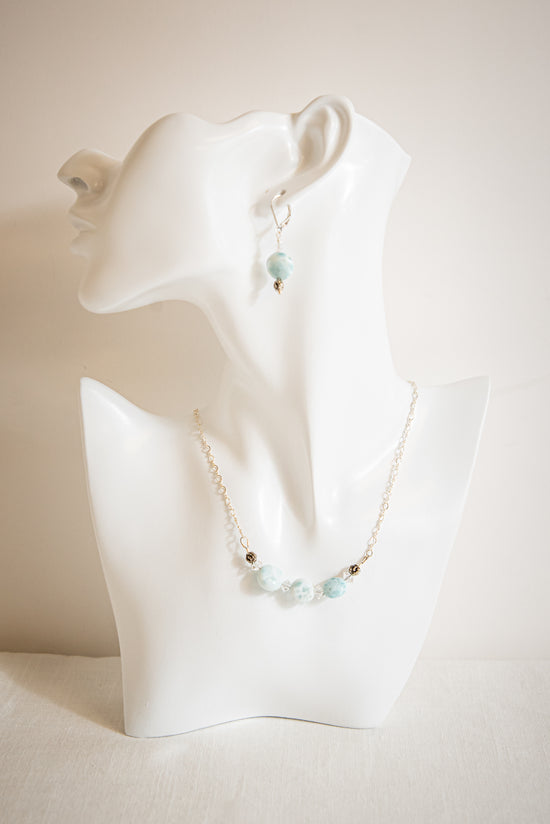Larimar & Sterling Silver Flower Necklace and Earring Set