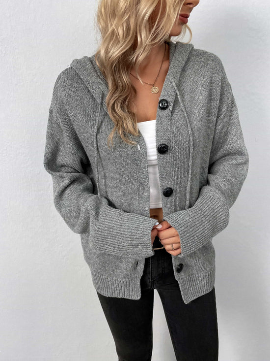 Button-Down Long Sleeve Hooded Cardigan – Cozy Casual Knitwear